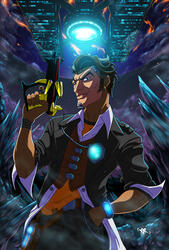 Untitled Illustration of Handsome Jack from Borderlands 2, with a painted background showing the Helios space station hovering in front of the moon.