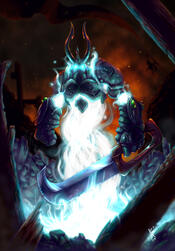 Untitled An armored being composed of blue glowing energy, wearing a horned helm and wielding a massive hooked blade stands in the ruins of a keep. In the background, billowing smoke rises from orange-red fires