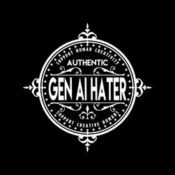 Untitled Vintage circular badge design containing flourishes and text. The text reads "support human creativity, support creative humans, authentic gen AI hater."