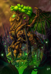 A dragon that looks as if it is made from living wood, standing in a burnt out forest and regrowing it with magic.