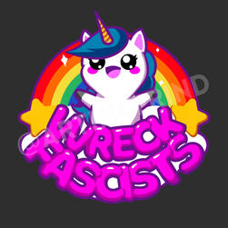 A cartoon unicorn with blue hair poses smiling in front of a rainbow, with sparkles and two large stars at either end. The pink balloon text below reads "Wreck Fascists"