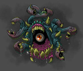 Illustration of a beholder-like monster, but instead of eyes, the tentacles end in mouths with blunt teeth. The central bulbous body contains a large mouth with a disembodied eyeball floating within.