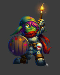 A cute goblin digital painting, showing the goblin in armor and using a barrel lid as a shield / paint palette, while holding up a magically glowing paint brush.