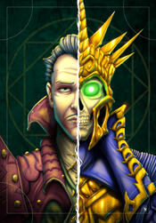 Untitled Fan art of Emmrich from Dragon Age: The Veilguard, digital painting. Emmerich is divided down the middle, with his human form on the left, and his Lich form on the right.